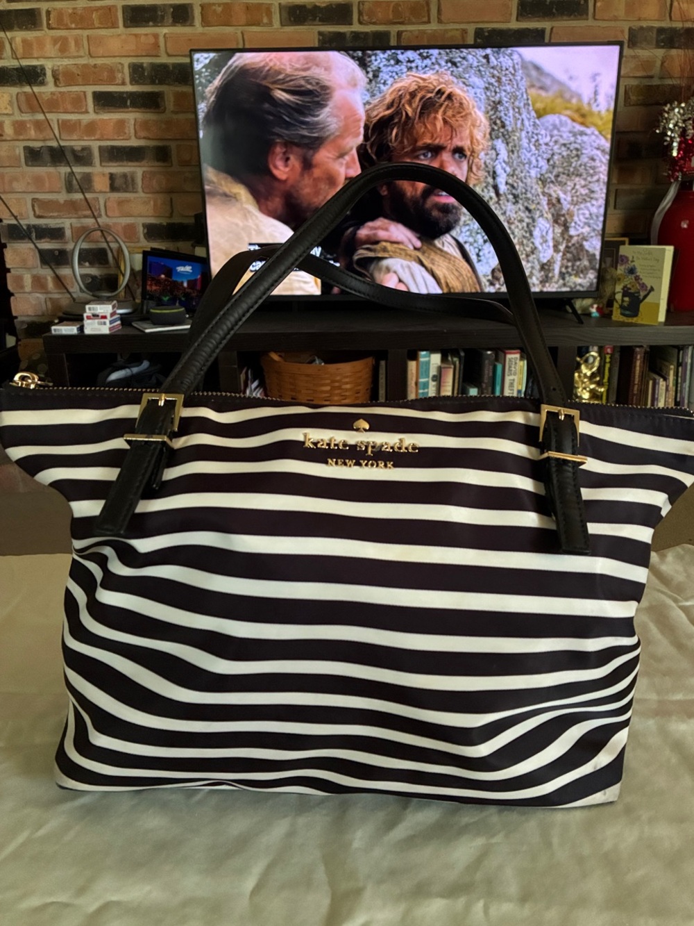 Kate Spade New York Black and White Striped Tote Bag